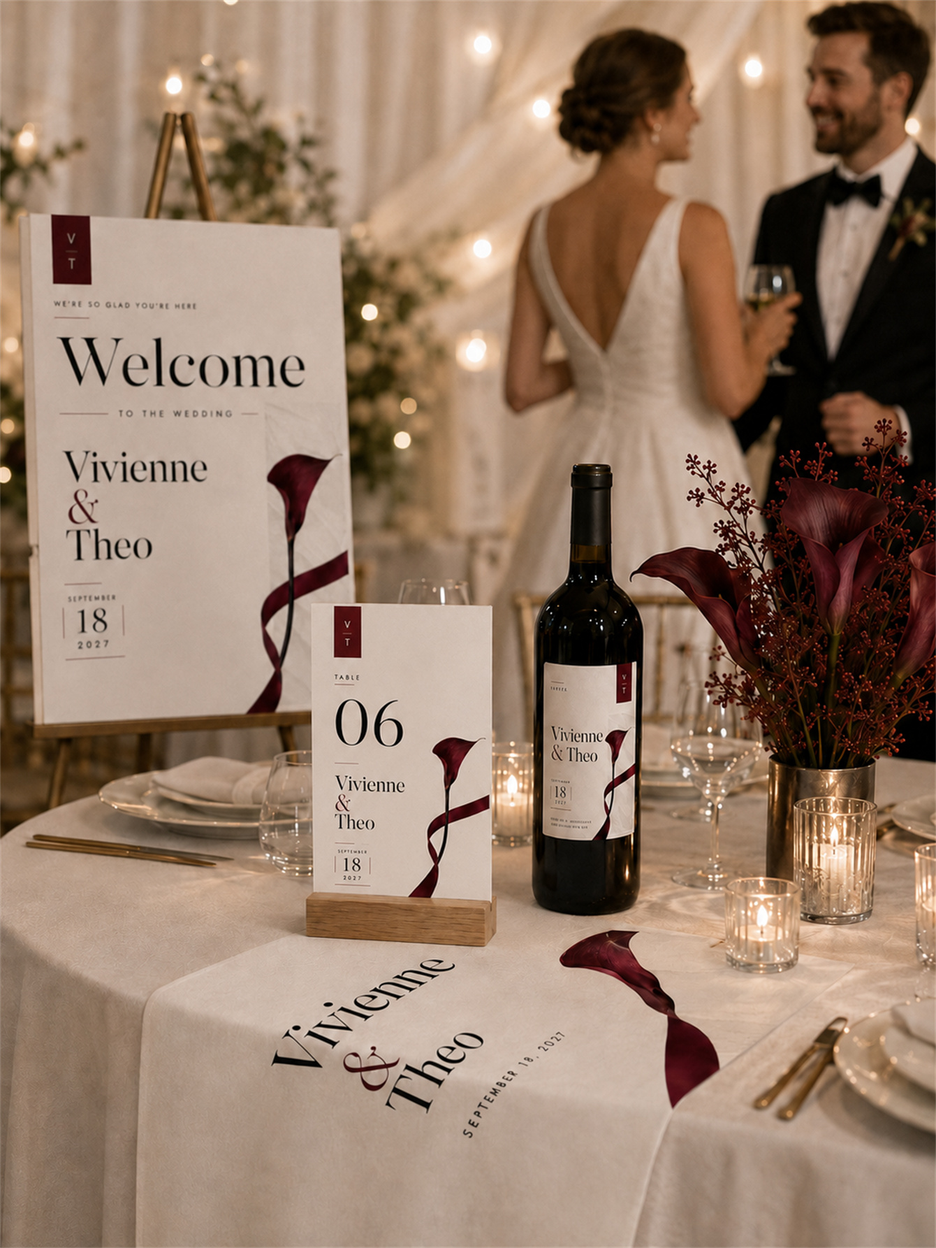 Elegant Custom wedding Set - Wine Red Carnation Wedding Series, suitable for ceremony and banquet decoration